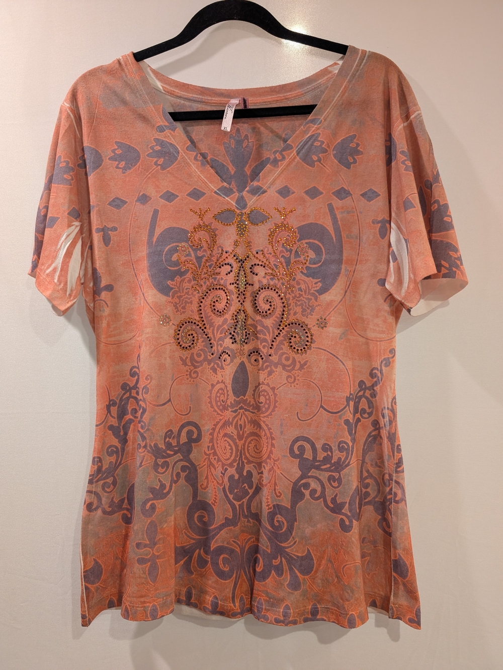 Women's V-Neck Embellished Decorative Print Top - Peach